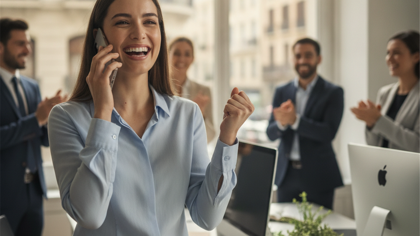 Persona recibiendo buenas noticias sobre un empleo en el móvil