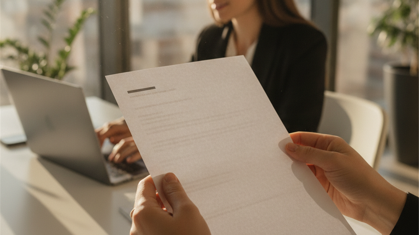 Persona entregando su currículum en una entrevista de trabajo en España