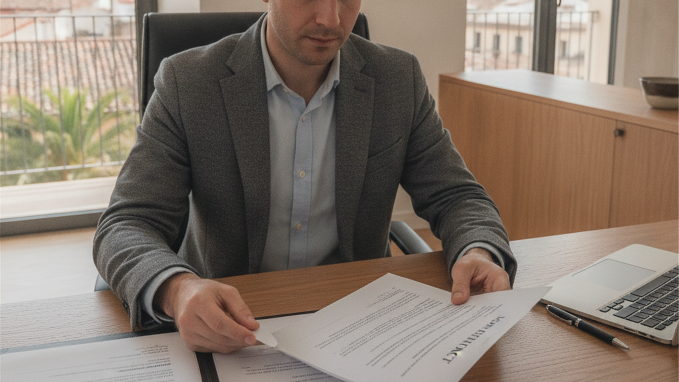 Persona revisando documentos laborales y contratos de trabajo en oficina
