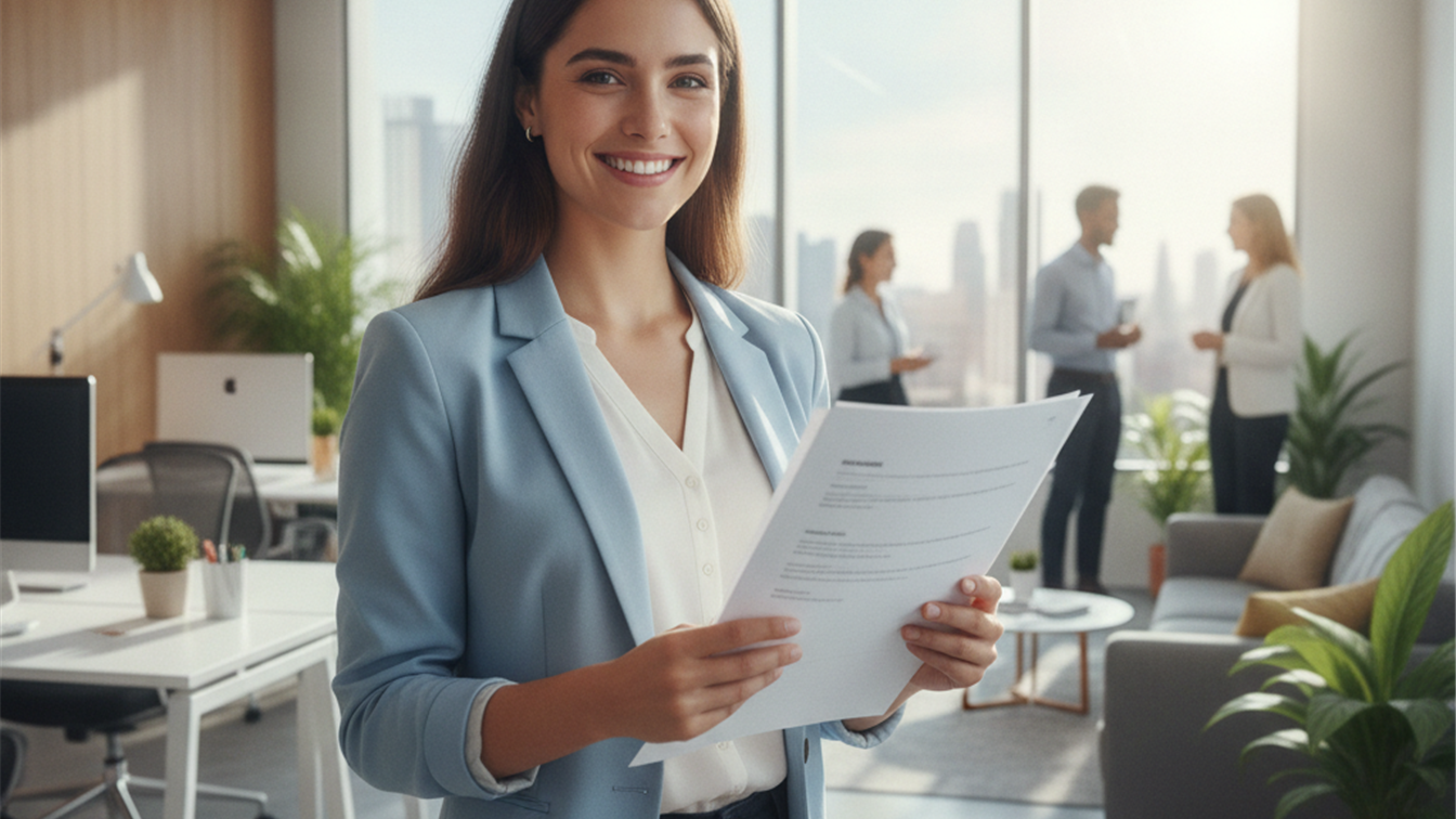 Persona con documentos de empleo en oficina moderna espanola