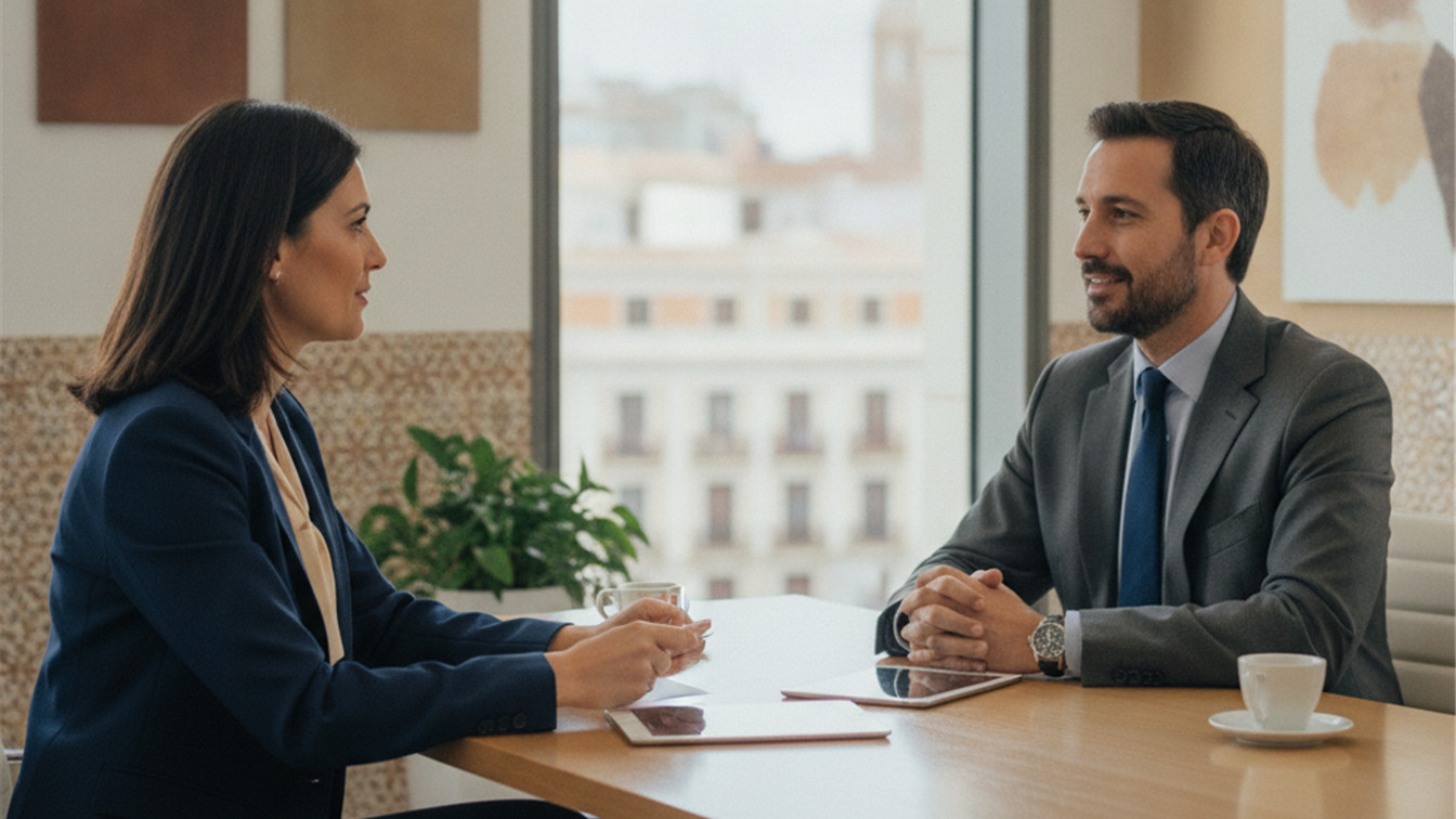 Profesionales en entrevista de trabajo en empresa española agosto 2026