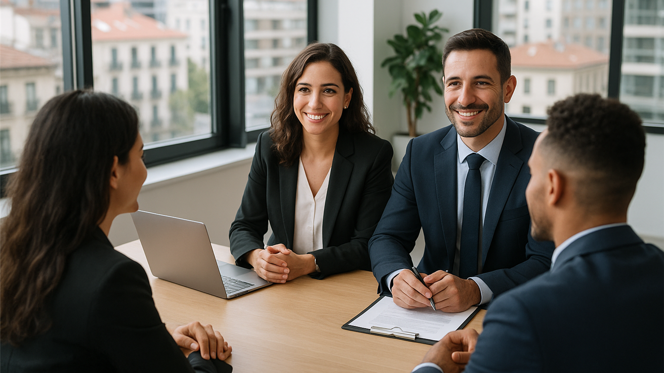 Profesionales espanoles en entrevista de trabajo en empresa moderna