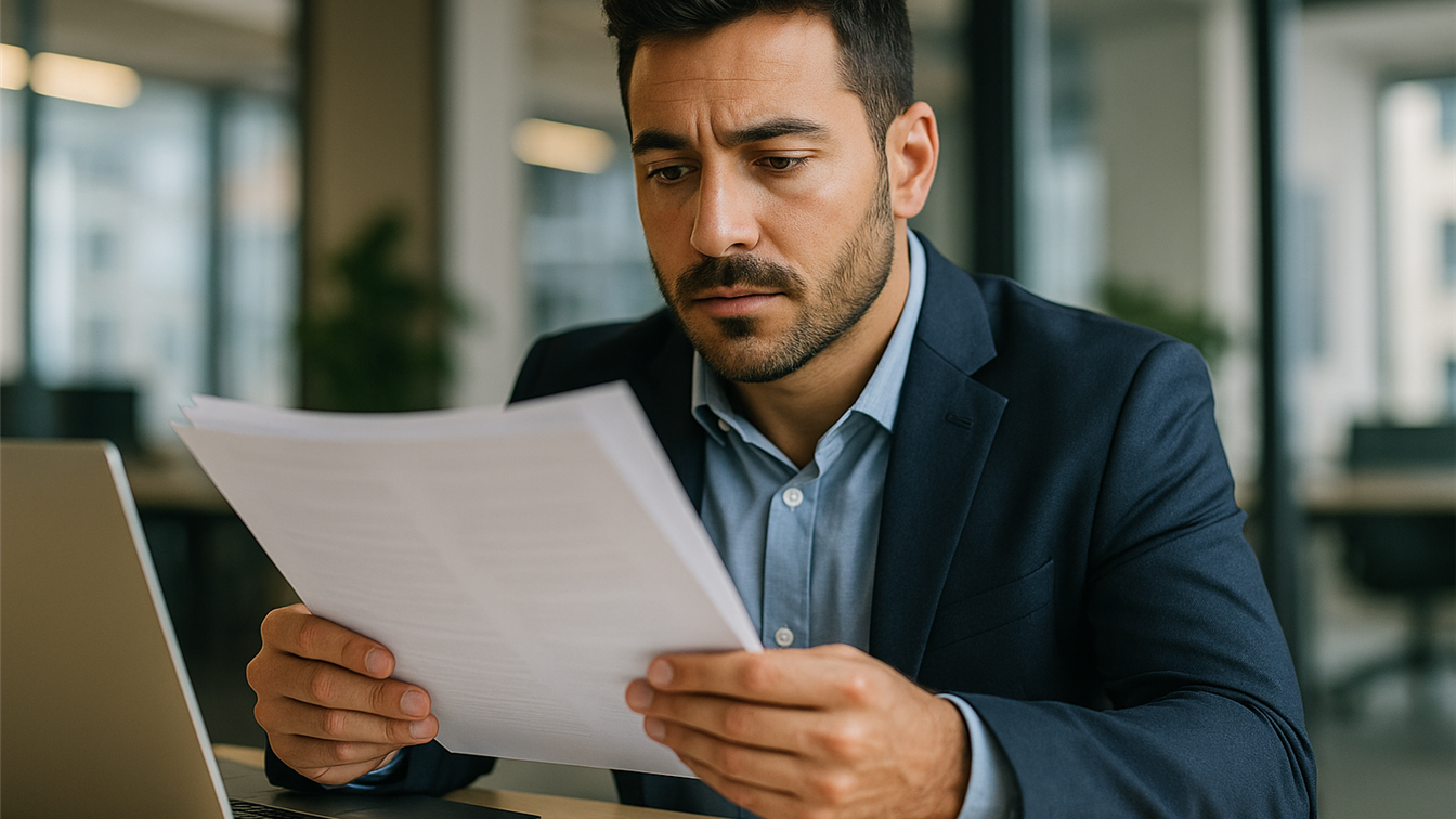 Documentos de empleo en manos de persona con ordenador al fondo