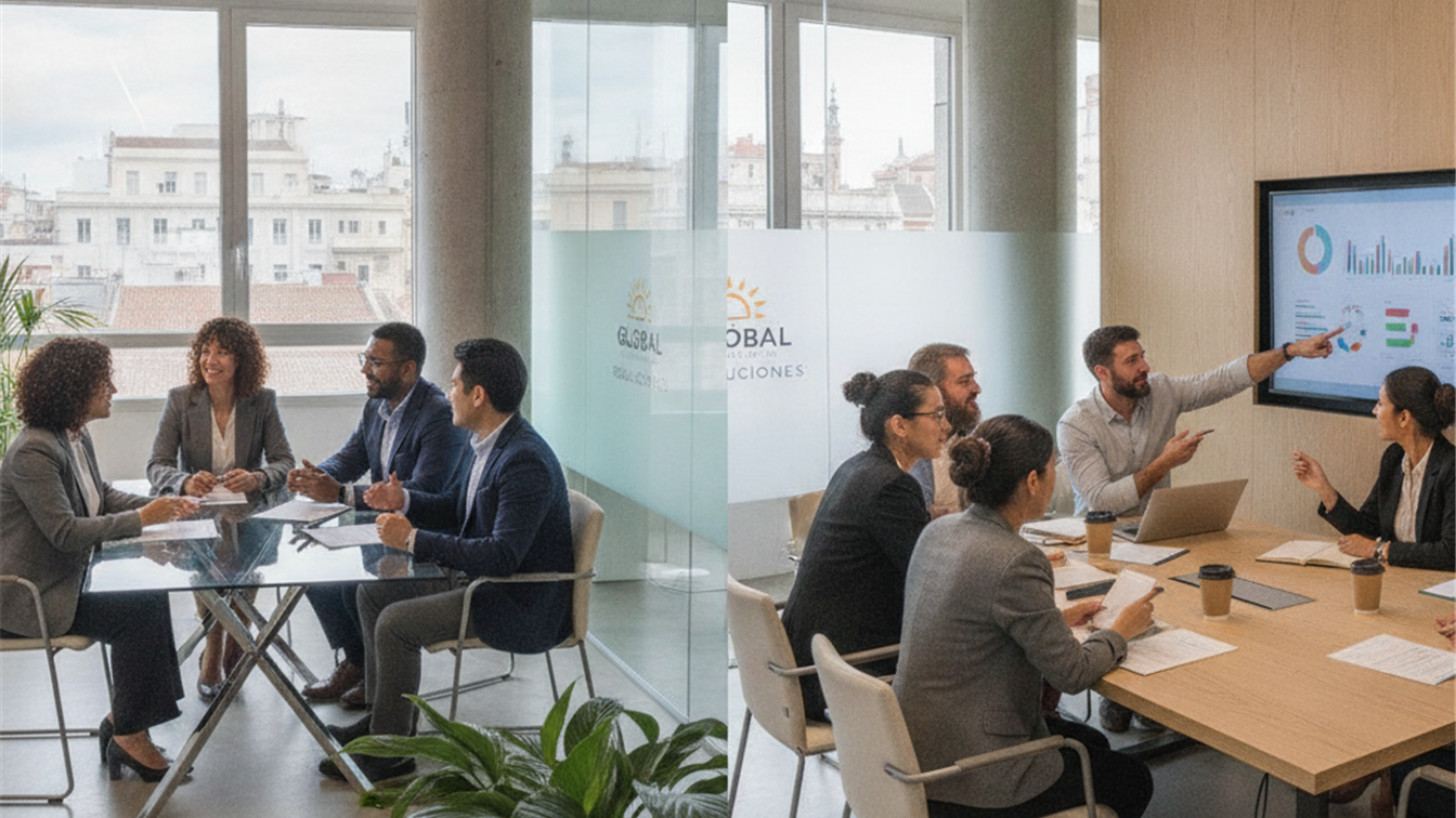 Profesionales en una entrevista de trabajo en una oficina moderna en España