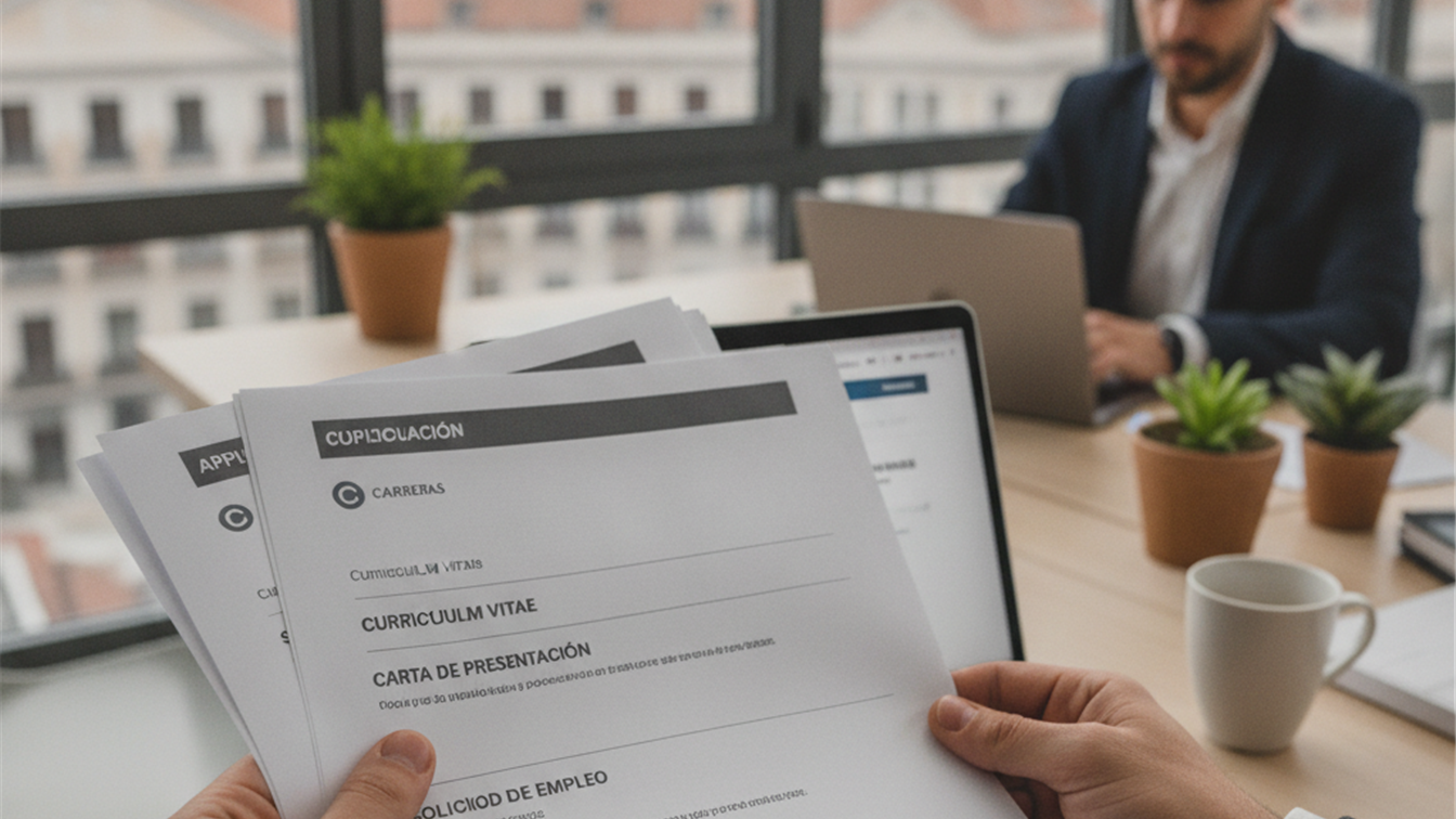 Persona sosteniendo documentos de solicitud de empleo junto a un ordenador portátil