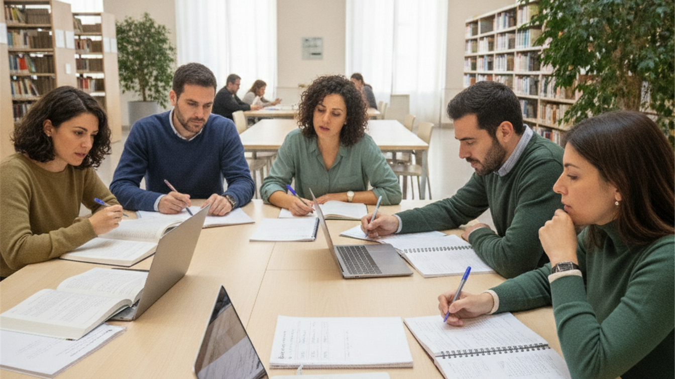 Grupo de personas estudiando juntas para oposiciones en España