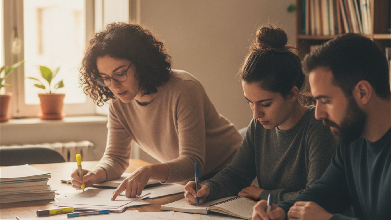 Grupo de opositores estudiando en equipo en España