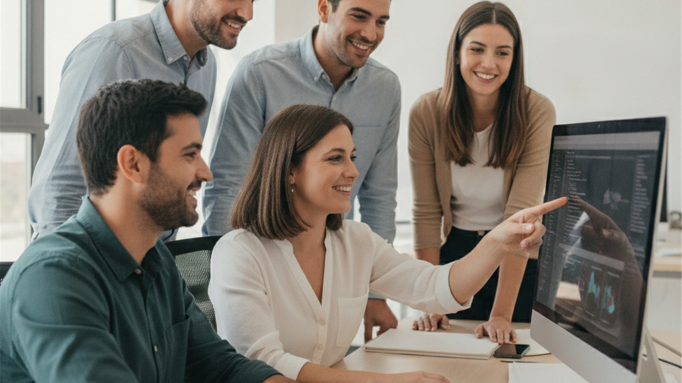 Profesionales tecnológicos trabajando en equipo en oficina española 2026