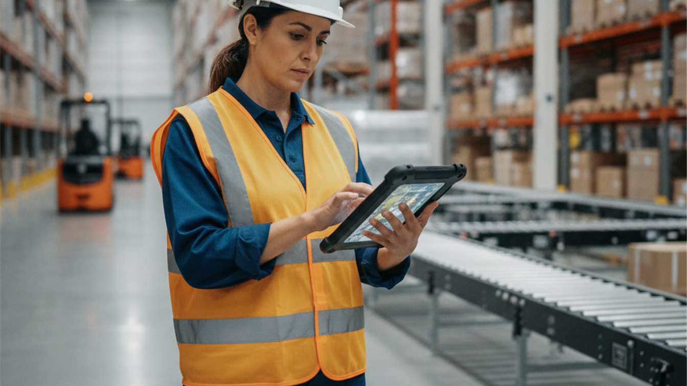 Trabajador de logística en almacén revisando inventario con tablet en España 2026