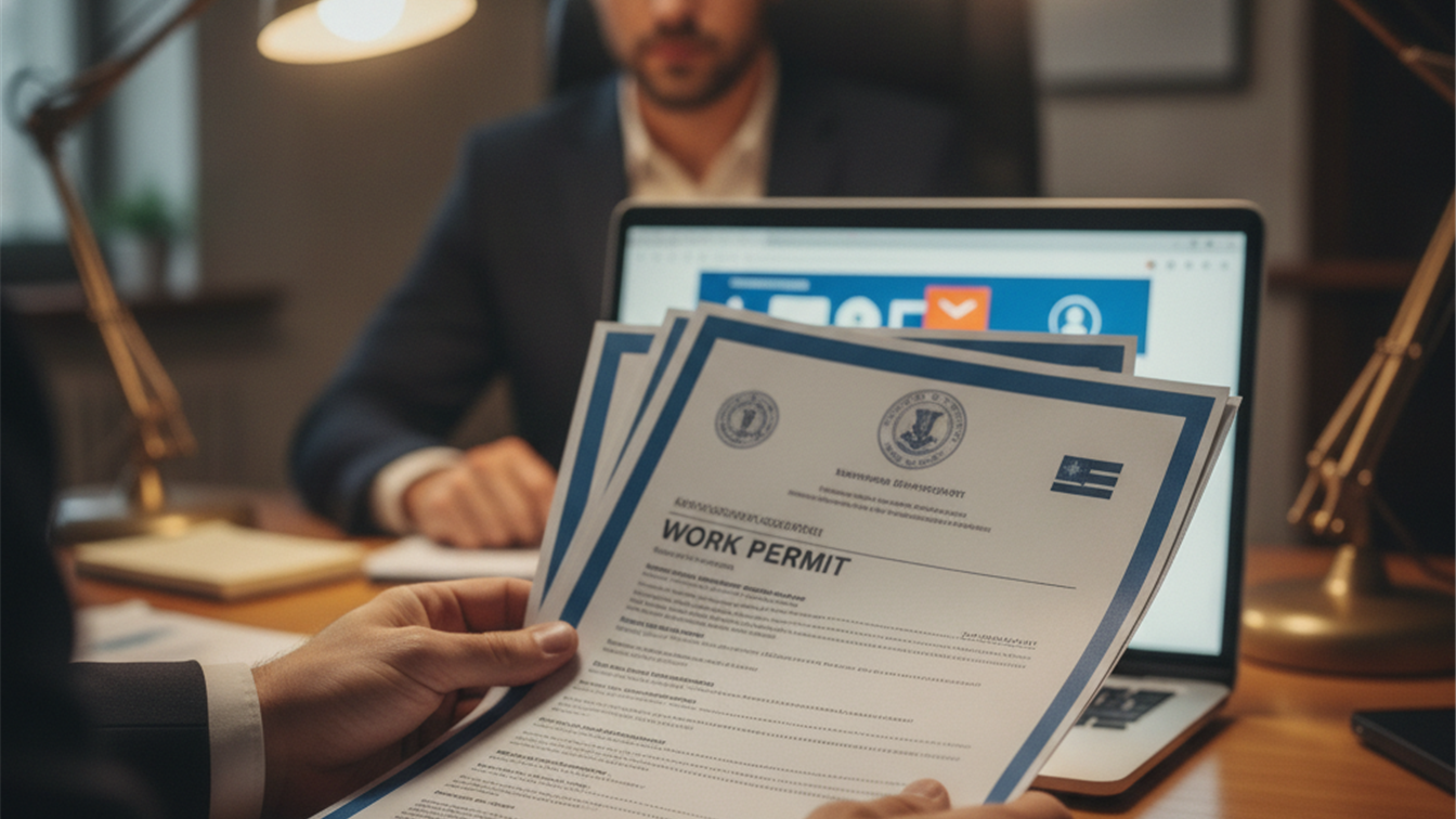 Documentos de permiso de trabajo y ordenador con portal de empleo