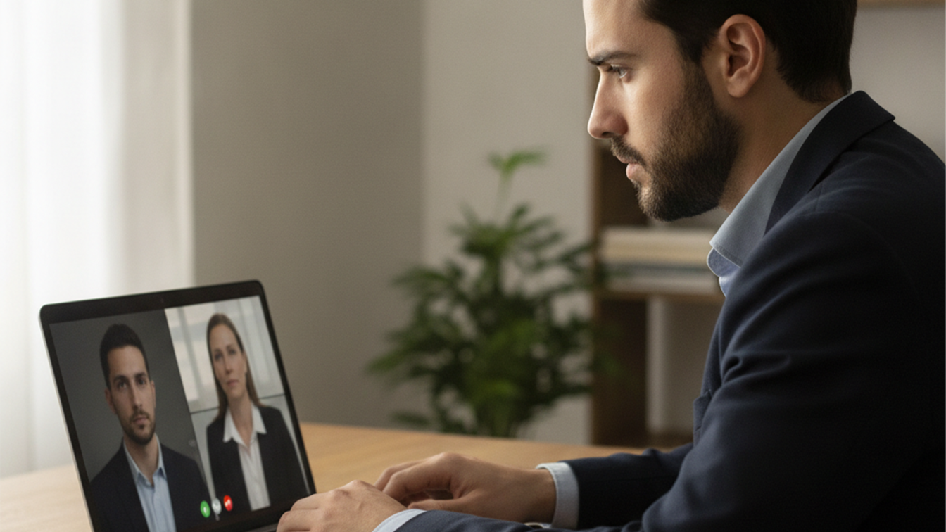 Persona en entrevista de trabajo remoto por videollamada desde casa en España