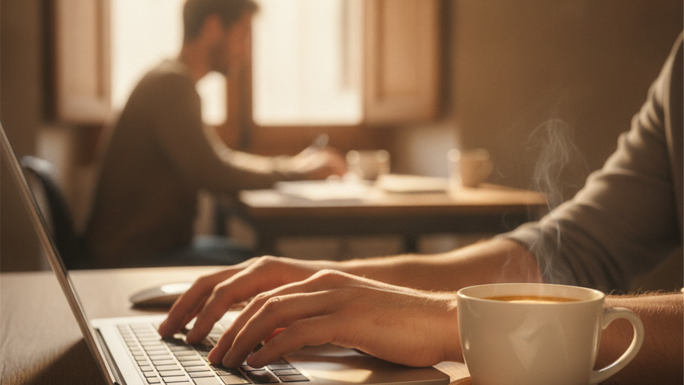 Detalle de manos trabajando en portátil con documentos y café en escritorio