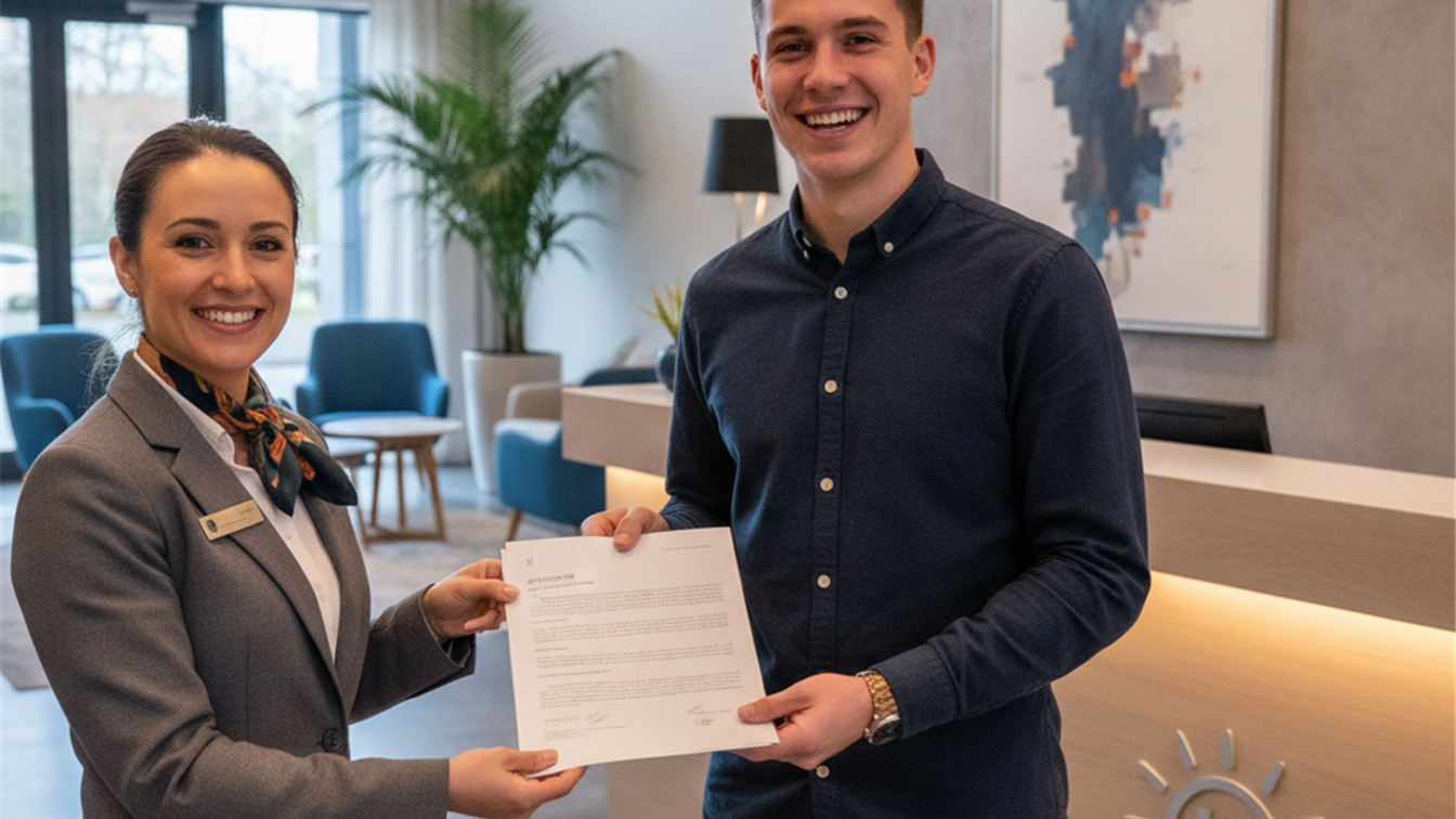 Empleado de hotel entregando un contrato de temporada a un nuevo trabajador en España