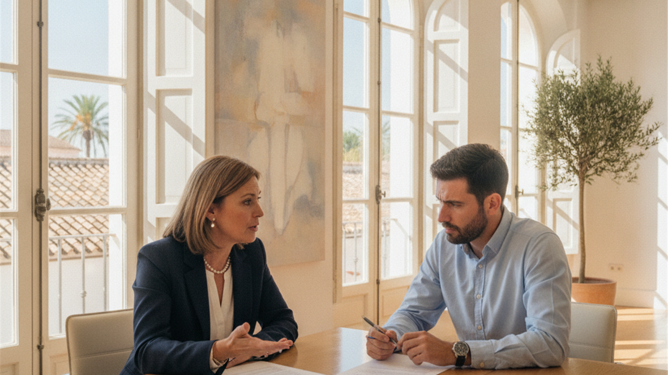 Trabajadores discutiendo condiciones de contrato en oficina española