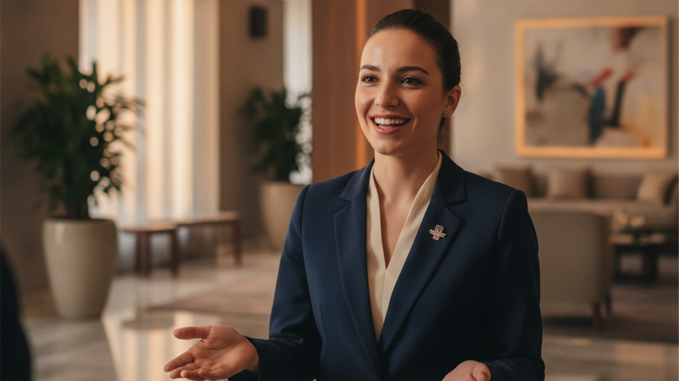 Recepcionista de hotel en España trabajando, atendiendo a un cliente