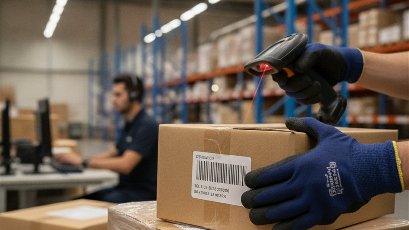 Trabajador de almacén escaneando paquetes en empresa logística en España