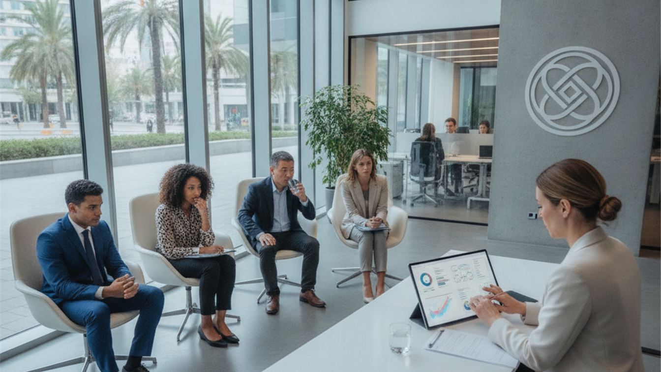 Profesionales en entrevista de trabajo en oficina moderna España 2026