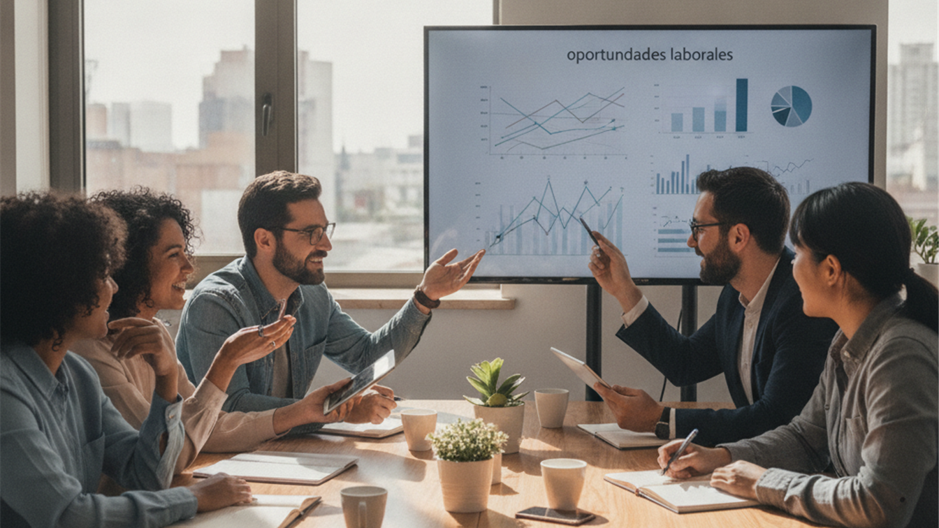 Profesionales en empresa española buscando empleo en equipo