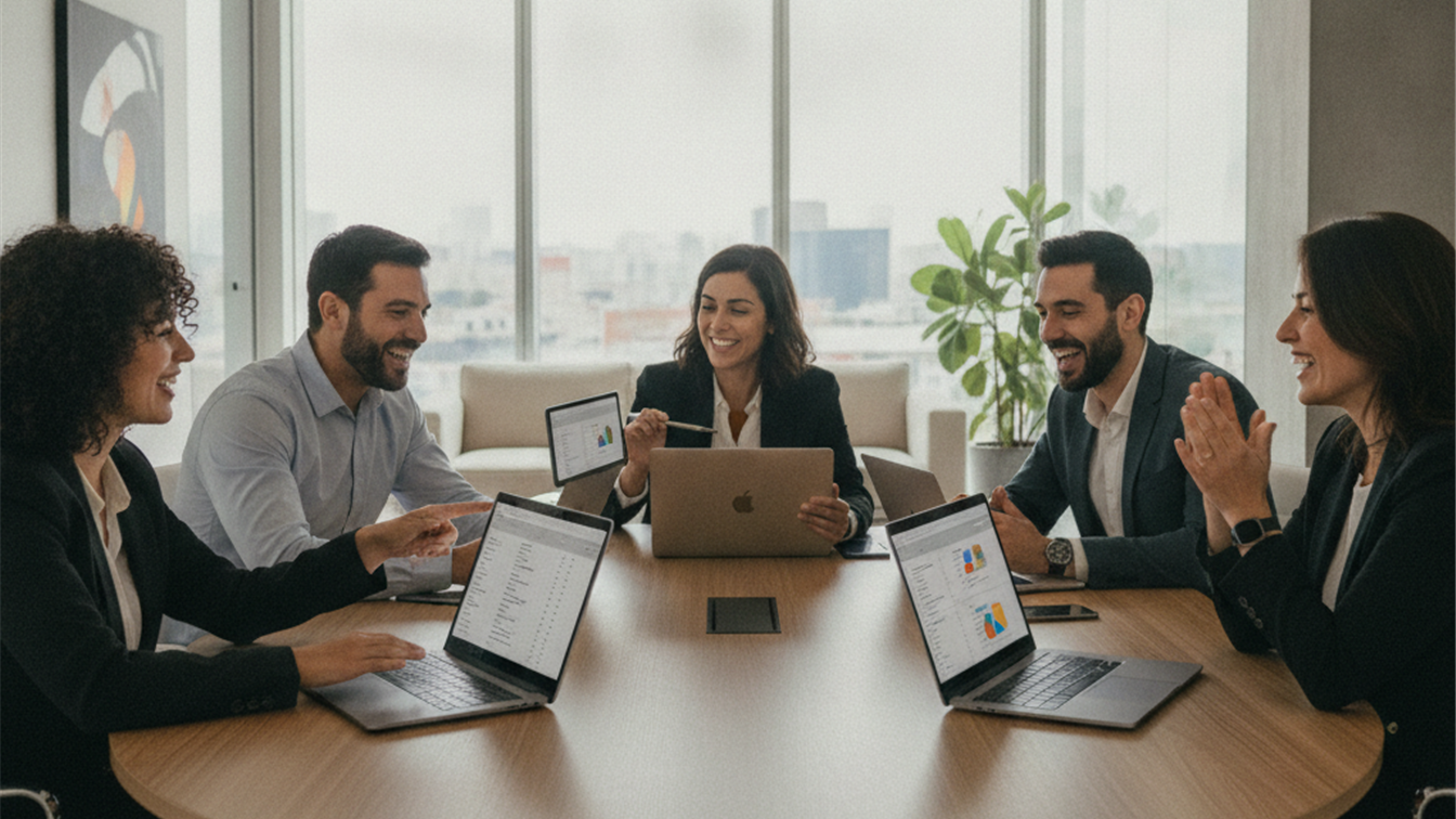 Profesionales españoles en sala de reuniones revisando ofertas de empleo