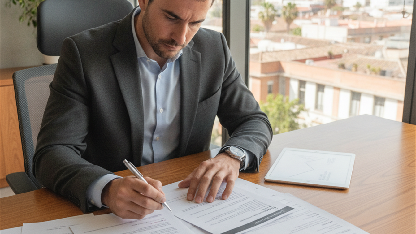 Candidato revisando currículum y documentos en oficina moderna